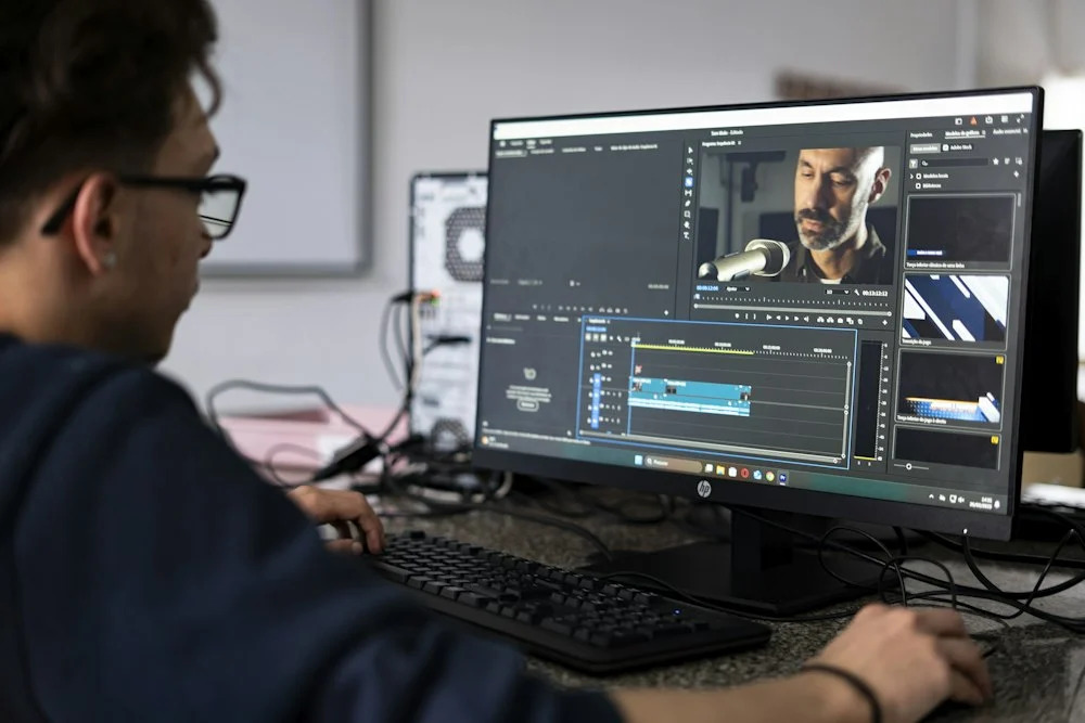 Profissional editando conteúdo audiovisual em computador; imagem ilustrativa